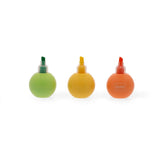 Three pastel coloured ball shaped highlighters in green, yellow and orange with visible chisel tips