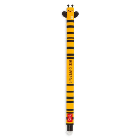 A yellow and black striped bumblebee-themed retractable pen with a cartoon face on the top and a small red and white Lemax logo near the bottom, shown on a plain white background.