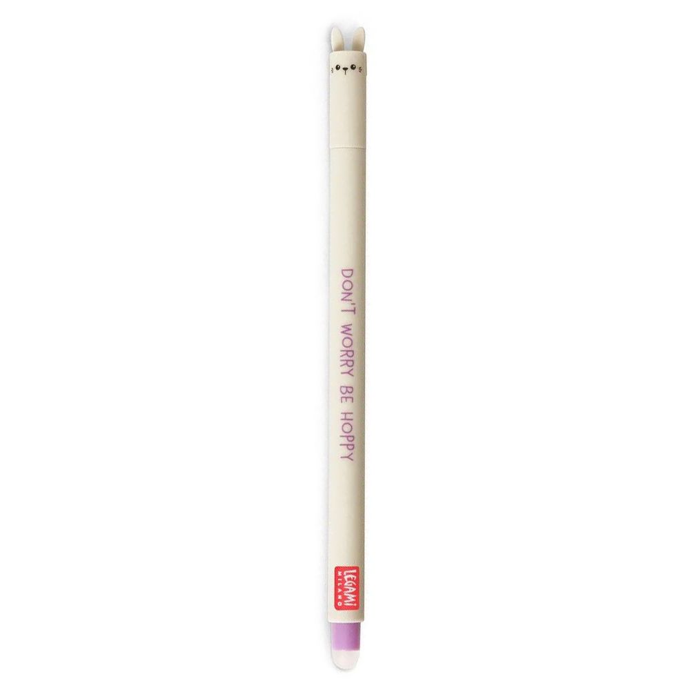 A cream-colored dual-ended pen with bunny ears on the cap, featuring the text 'DON'T WORRY, BE HAPPY' in pink and a red 'LEGAMI' logo near the bottom.