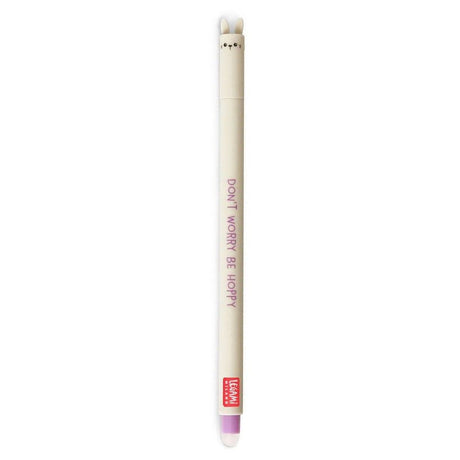 A cream-colored dual-ended pen with bunny ears on the cap, featuring the text 'DON'T WORRY, BE HAPPY' in pink and a red 'LEGAMI' logo near the bottom.