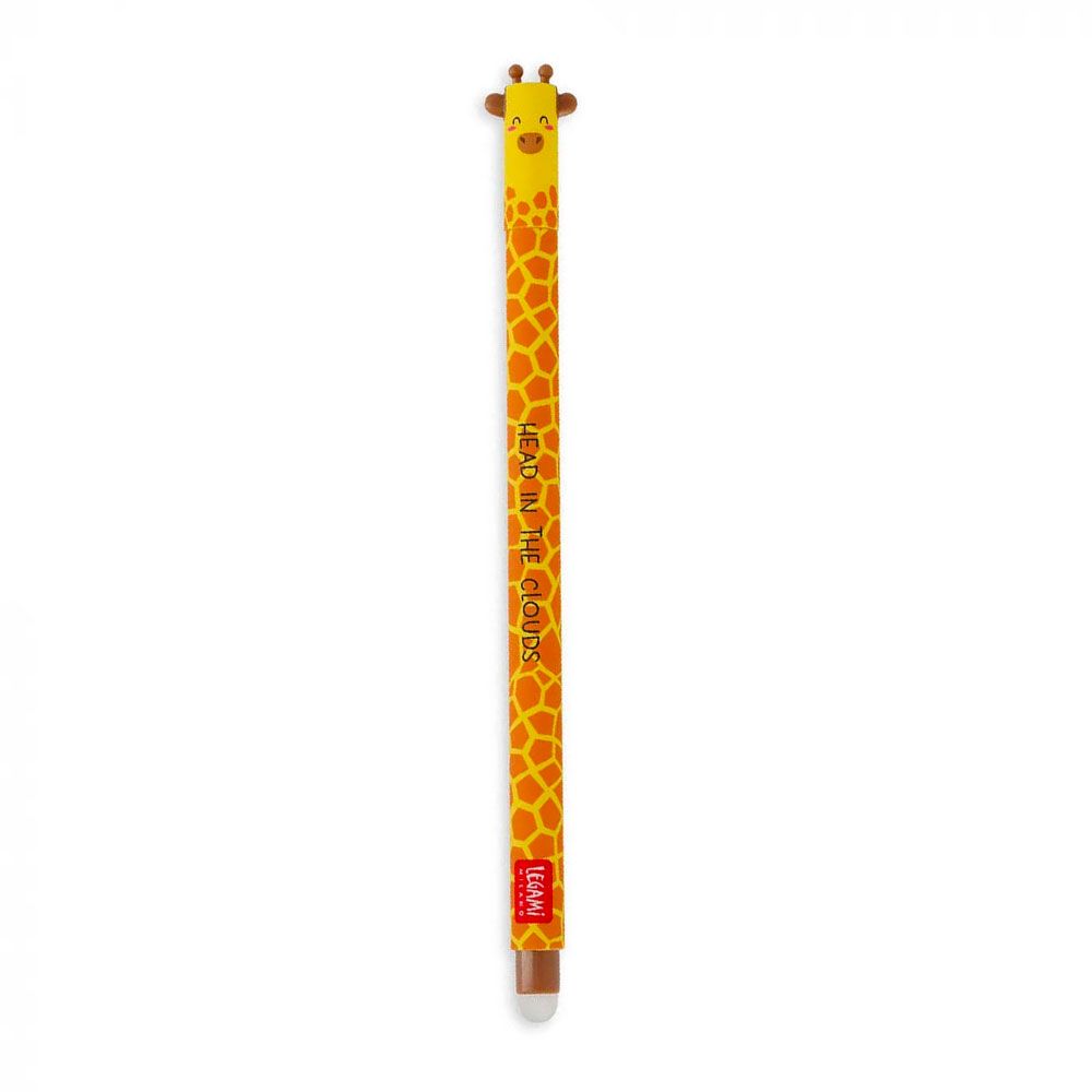 A giraffe-themed pen with a yellow and orange patterned barrel, featuring a smiling giraffe head at the top and a brown eraser at the bottom, shown on a plain white background.
