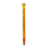 A giraffe-themed pen with a yellow and orange patterned barrel, featuring a smiling giraffe head at the top and a brown eraser at the bottom, shown on a plain white background.