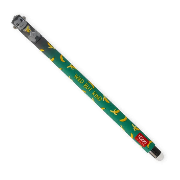 A green retractable stylus pen with yellow banana illustrations, the text 'WILD BUT KIND', and a cartoon monkey character at the top. A red LEGAMI logo is visible near the bottom tip, set against a plain white background.