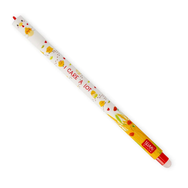 A white retractable pen with a yellow and red cartoon duck design and the text 'I CARE A LOT' printed on it, shown diagonally on a white background.