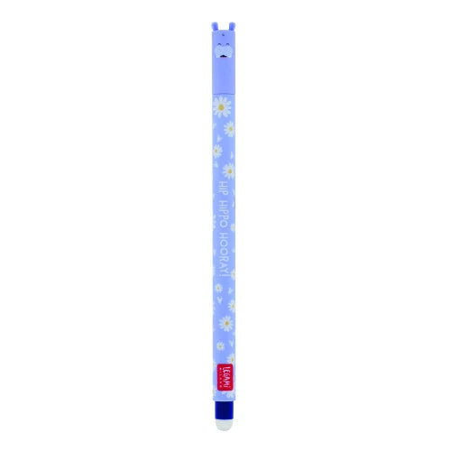 A light blue retractable pen with a daisy pattern and a cute character face at the top, shown on a plain white background.