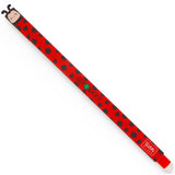 Red pen with black polka dots and 'Get Lucky' text on a white background