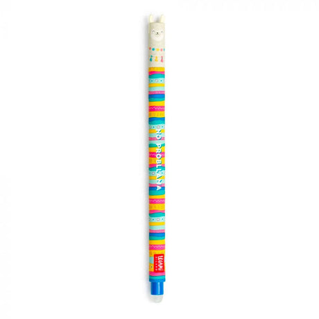 A LEGAMI  pen with a colorful striped pattern and a white llama-shaped top, shown vertically on a plain white background.