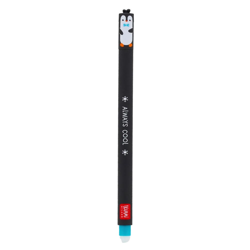 A black retractable pen with a penguin cap and the words 'ALWAYS COOL' printed on the barrel, featuring a small red LEGAMI logo near the bottom.
