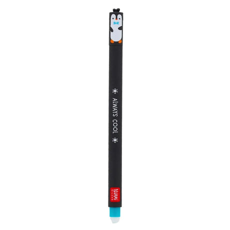 A black retractable pen with a penguin cap and the words 'ALWAYS COOL' printed on the barrel, featuring a small red LEGAMI logo near the bottom.