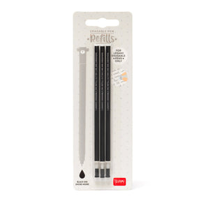 Pack of three Legami black erasable gel pen ink refills on branded packaging
