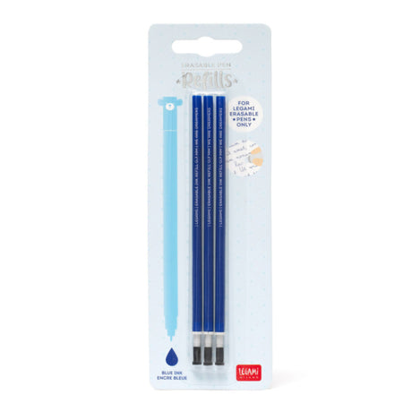 Pack of three Legami blue erasable gel pen ink refills on branded packaging