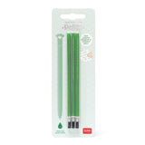 Pack of three Legami green erasable gel pen ink refills on branded packaging