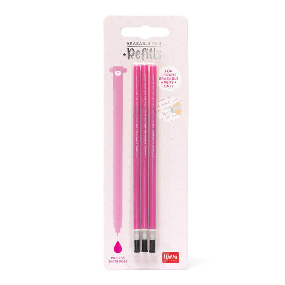 Pack of three Legami pink erasable gel pen ink refills on branded packaging