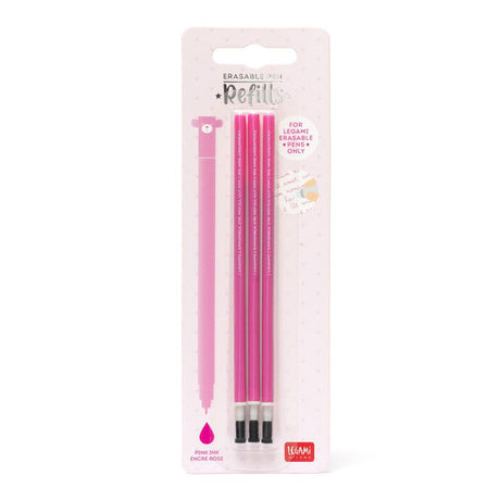 Pack of three Legami pink erasable gel pen ink refills on branded packaging