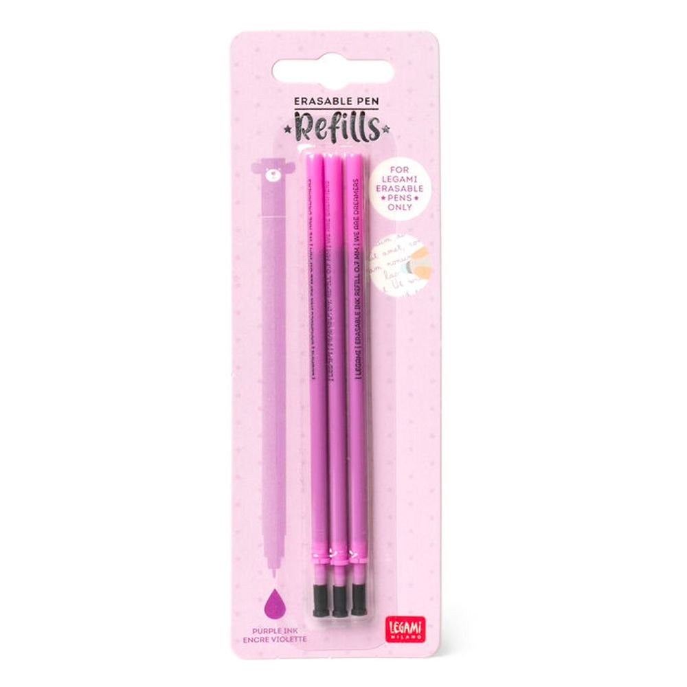 Pack of three Legami purple erasable gel pen ink refills on branded packaging