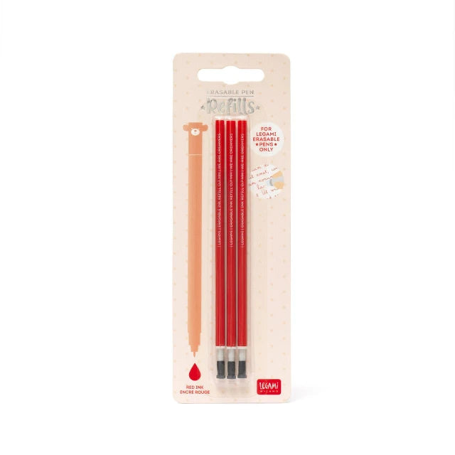Pack of three Legami red erasable gel pen ink refills on branded packaging