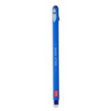 A blue pen with a shark-themed clip and a shark graphic printed on the barrel, featuring the text 'SHARK ATTACK' and a red 'LEGAMI' logo near the end, set against a plain white background.