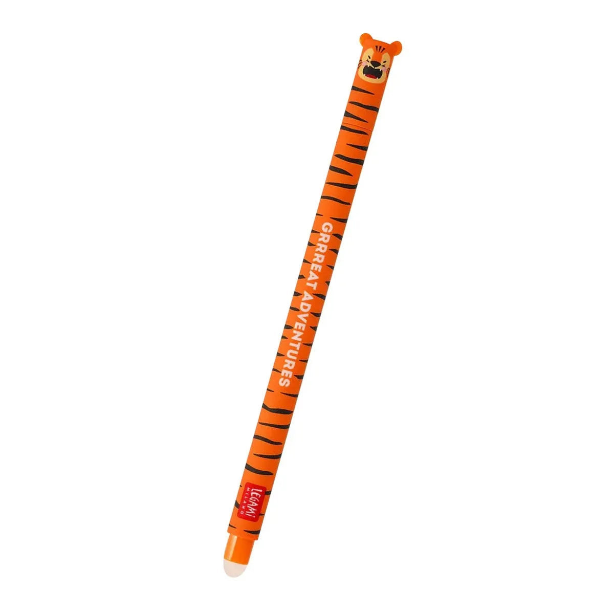 An orange and black tiger-striped stylus pen with 'GRREAT ADVENTURES' printed vertically on the barrel, featuring a cartoon tiger face at the top and a white tip, shown on a plain white background.