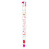 A white gel pen with a unicorn-themed design, featuring a unicorn head at the top, a pink horn, and colorful rainbow and unicorn illustrations. The pen has the text 'BELIEVE IN MAGIC' printed vertically on the barrel, along with a small red Uni-style logo near the bottom.