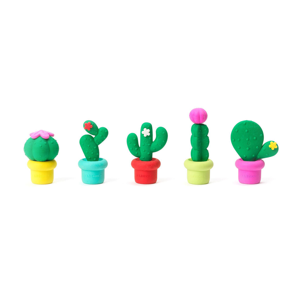 Five Legami cactus erasers lined up in a row showing yellow, teal, red, green and pink pot colours