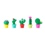 Five Legami cactus erasers lined up in a row showing yellow, teal, red, green and pink pot colours