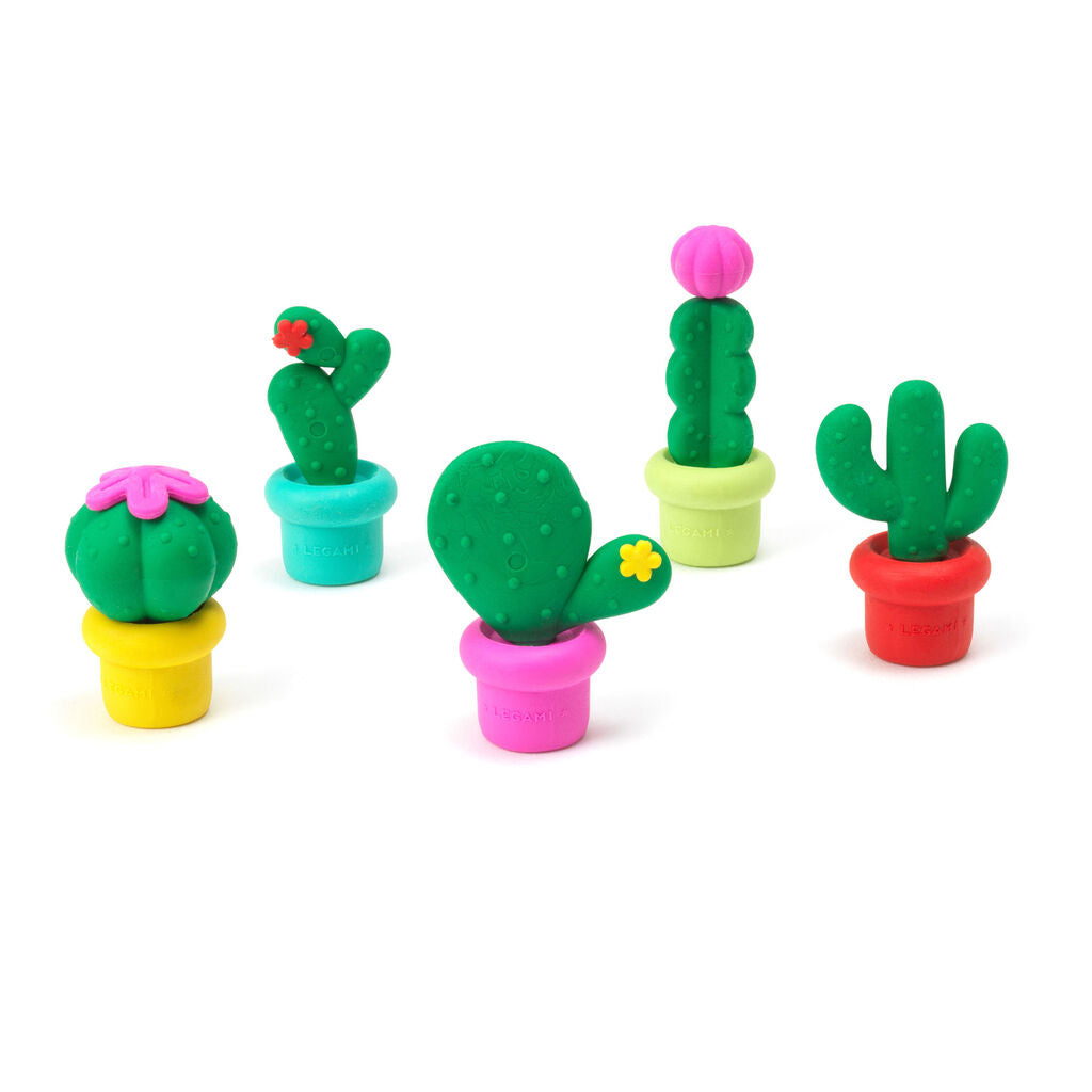 Five Legami cactus-shaped erasers in different colours and pot designs arranged on a white background