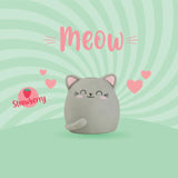 Grey cat shaped Legami eraser with pink ears on a green background with Meow text and strawberry scent icon