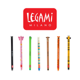 Seven Legami Milano erasable gel pens with cute animal toppers and affirmation designs