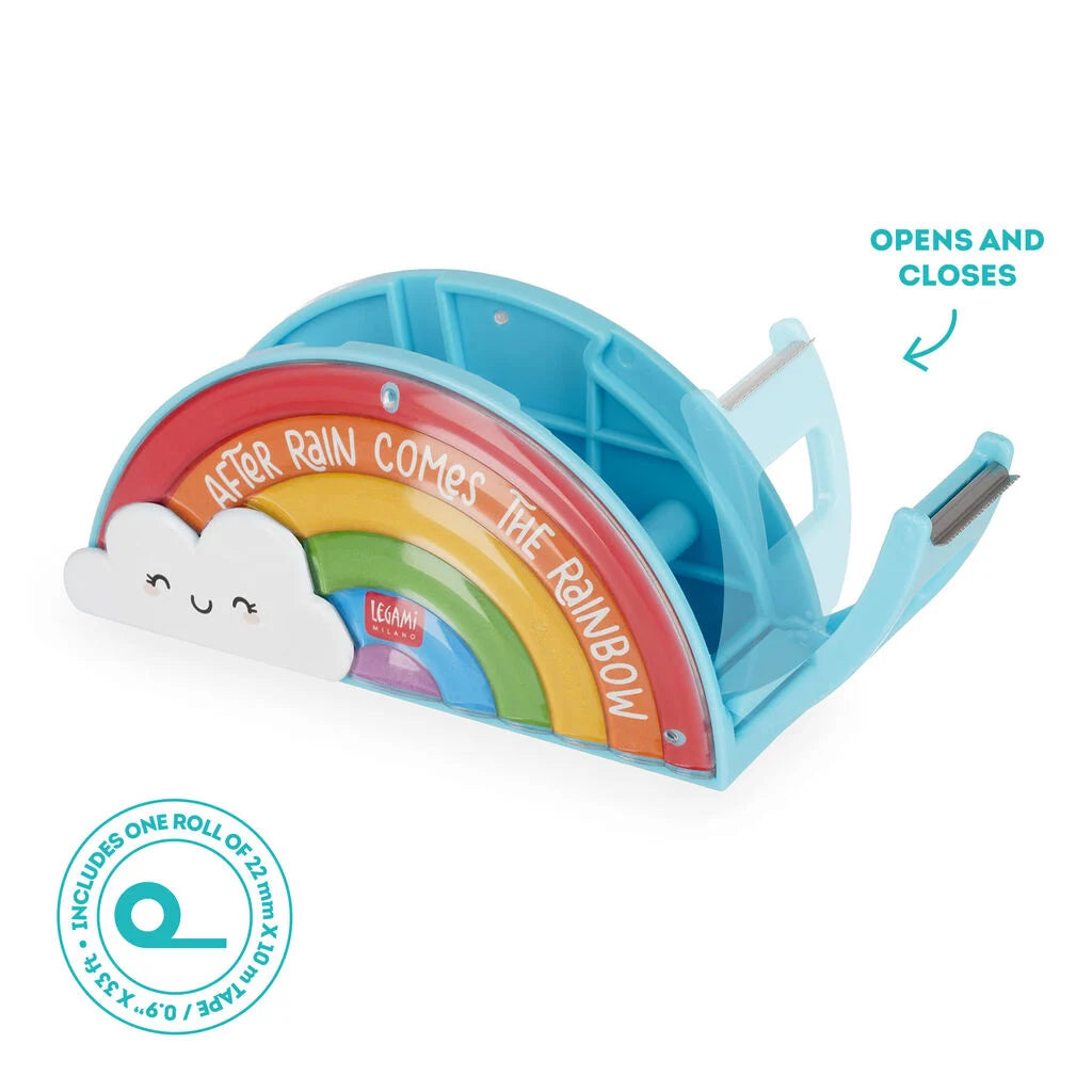 Legami rainbow shaped tape dispenser with smiling cloud, shown at an angle with the lid open and tape visible