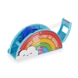 Legami rainbow tape dispenser with the lid raised showing the blue tape roll inside