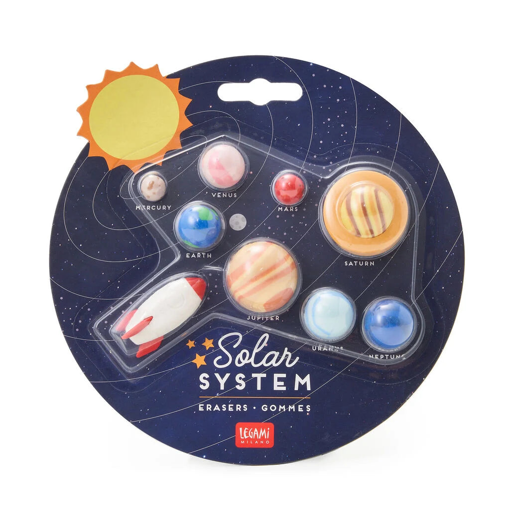 Legami Solar System Erasers packaging showing eight planet erasers and a rocket on a navy blue space-themed card