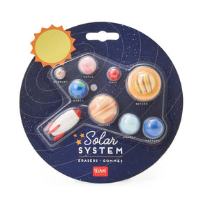 Legami Solar System Erasers packaging showing eight planet erasers and a rocket on a navy blue space-themed card