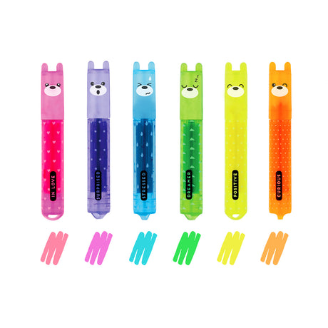 Six Legami Teddy's Mood mini highlighters with teddy bear caps and colour swatches