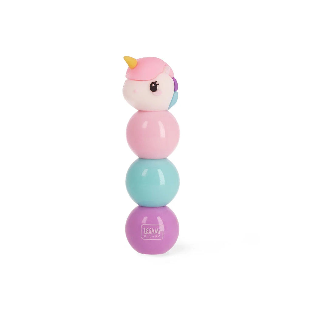 Legami 3-in-1 unicorn highlighter stack assembled in pink, teal and purple with a smiling unicorn topper