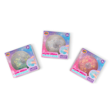 Three HGL Liquid Glitter Fidget Spinner boxes in assorted colours
