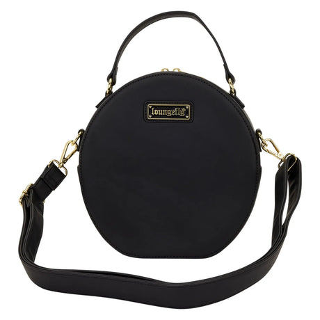 Loungefly Laura BackStory black round crossbody bag back view gold hardware
