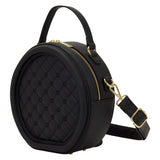 Loungefly Laura BackStory black round crossbody bag quilted pin display side view