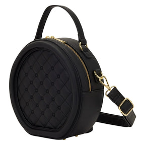 Loungefly Laura BackStory black round crossbody bag quilted pin display side view