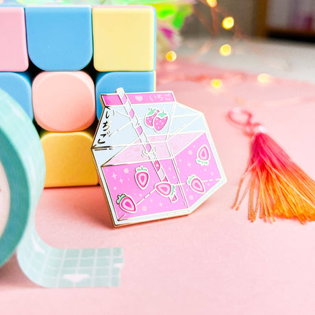 Lula Rocks Strawberry Milk enamel pin, UV purple lavender colorway, pastel blocks