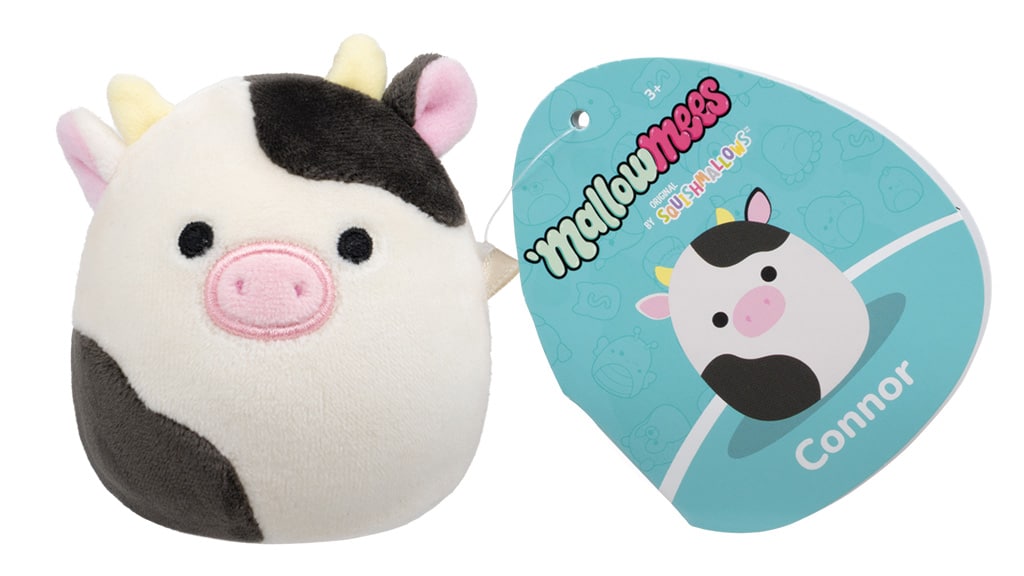 Connor the Cow MallowMees by Squishmallows weighted plush with character tag