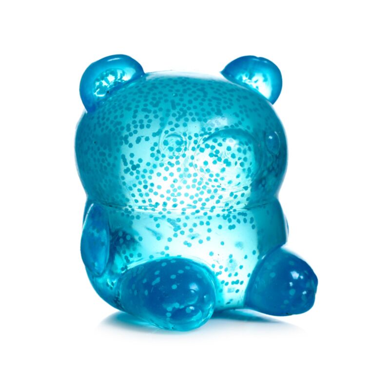 Blue sparkly Marshmallow Bears squeeze toy showing glittery translucent gel bear body