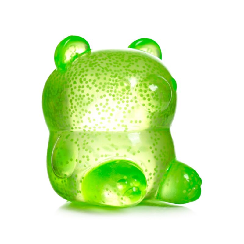 Green sparkly Marshmallow Bears squeeze toy showing glittery translucent gel bear body