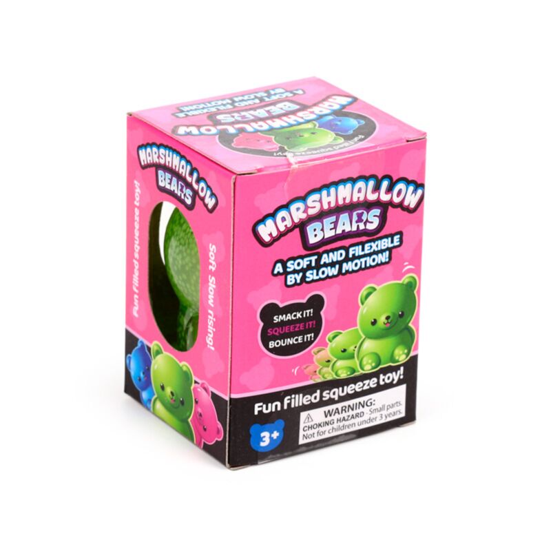 Pink Marshmallow Bears glow in the dark squeeze toy in pink window box packaging