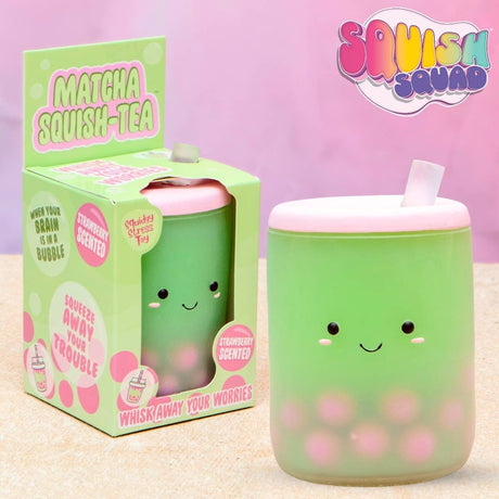 Matcha Squish-Tea scented boba squishy stress toy with retail packaging box