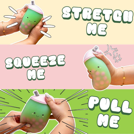 Hands stretching, squeezing and pulling the Matcha Squish-Tea boba squishy stress toy