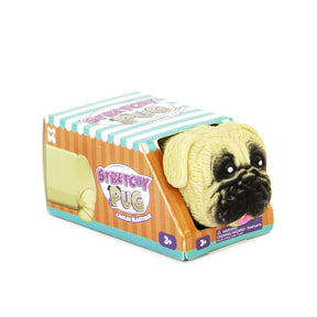 Fawn stretchy pug stress toy displayed in its teal and orange Stretchy Pug branded gift box