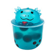 Blue axolotl boba tea squish toy with spiky head and bubble tea cup body