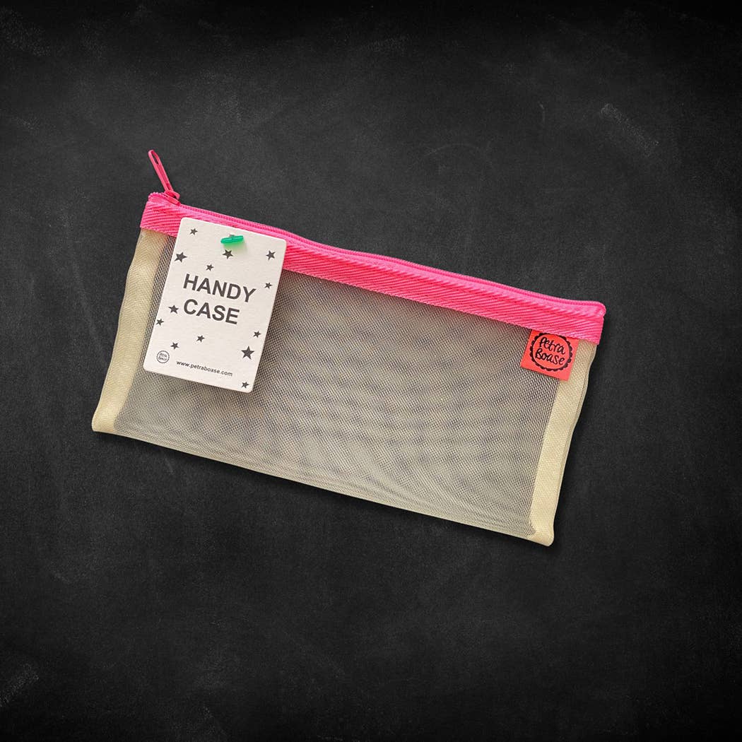 beige mesh pouch with pink zipper and red petta house label organiser