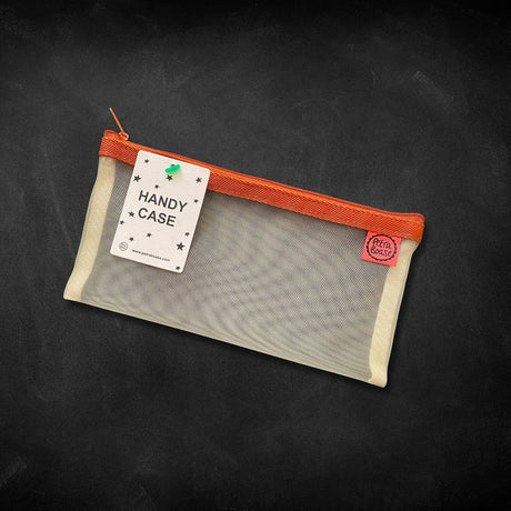 beige mesh pouch with tan zipper and red petta house label organiser