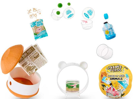 MGA Miniverse Make It Mini Animals blind ball contents showing animal figure habitat accessories pebbles water beads and collector guide